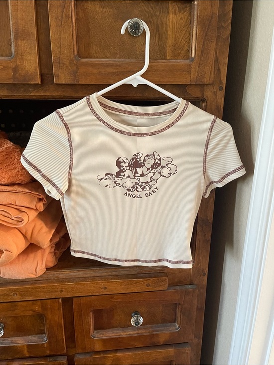 Tops - Angel Baby Graphic Ribbed Crop Tee - Cream with Brown Stitching